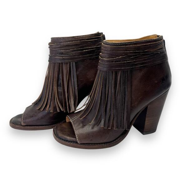 Bed Stu Onset Olivia Women’s Size 7.5 Peep Toe Fringe Booties Brown Leather Heel - Picture 11 of 11